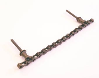 Up-Cycled Bicycle Chain Link Drawer Pull Handle Flexible Bronze Finish Industrial Mechanical Steampunk