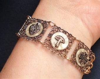 Filigree Panel Charm Bracelet Vintage Gold Tone Eloxal and Lucite Good Luck Symbols