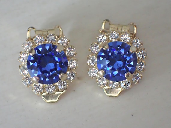 Sapphire & Clear Swarovski Crystal Halo Clip On Earrings, Yellow Gold