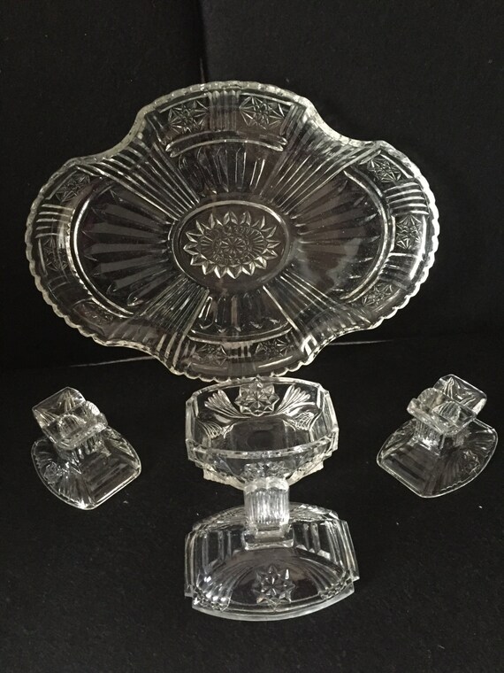 A beautiful clear glass dressing table set tray 2 candle A beautiful clear glass dressing table set tray 2 candle