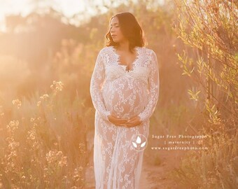 CAMILLE •sale• lace maternity gown long sleeve floor length white eyelash