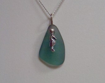 Genuine sea glass pendant necklace. Silver seahorse charm necklace. Aqua blue sea glass jewelry. Beach glass pendant. Gift for her.