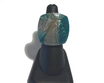 Hand made polymer clay ring blue tones with silver leafs