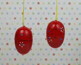 Vintage Easter egg ornaments red floral 1960s wooden set of 2