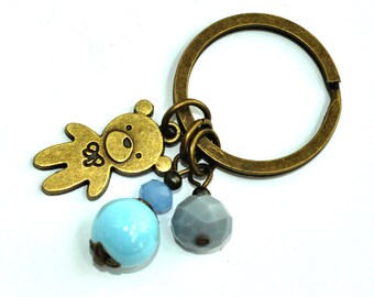 Bear charm keychain Light blue bead Kid keychain Keyring for kids Boy key ring Sky blue bronze keychain Gift for mom Gift for newborn