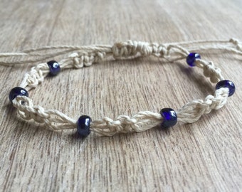 Belleair, Blue Beaded Anklet, Natural Anklet, Hemp Anklet, Macrame Bracelet, Beach Anklets, Handmade Jewelry, Hemp Bracelet HA001115