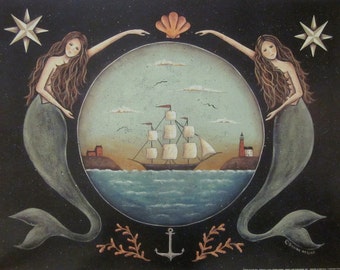 Sirens of the Sea. Nautical Stars Mermaid Ocean Schooner Folk Art Print by Donna Atkins. Primitive beach house cottage decor. 11x14 or 16x20