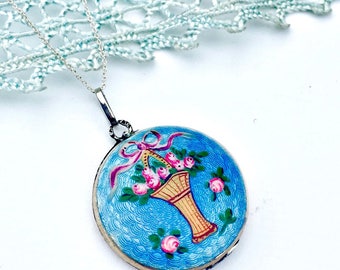 Antique Victorian Sterling Silver Blue Guilloche Enamel Floral Opening Round Locket Necklace Something Old Something Blue