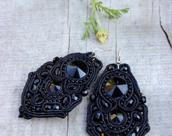 Black dangle earrings, Birthday gift for woman, Anniversary gifts, Soutache Black crystal earrings, Classic jewelry, Black Statement jewelry