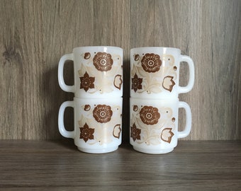 Vintage set of 4 Glasbake Brown Floral Milk Glass Coffee Mugs