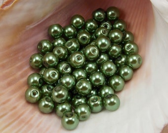 6mm Glass Pearls - Dark Olive Green - 75 pieces - Fern - Moss - Forest