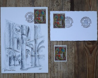 Viele französische Briefmarken des Jahres 1985 / HAEUSSER Vintage Bleistift Zeichnung / Dom von Straßburg / Stempel Vintage Glasmalerei / Karte gestempelt