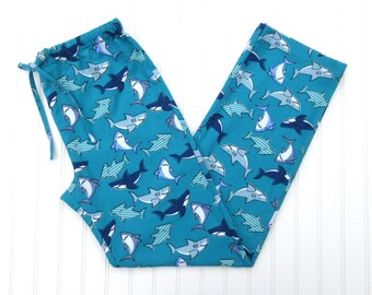 Men's Flannel Pajama Pants - Teal, Blue, White, Sharks - Shark Pajama Bottoms - Drawstring Tie - Elastic Waistband