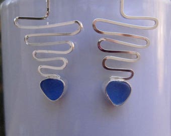 Sea Glass Earrings - Cornflower Blue Sea Glass and Sterling Silver Earrings