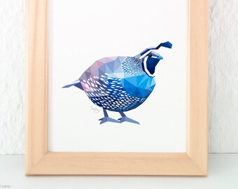 Quail print, Quail illustration, Geometric quail, Blue bird, Wildlife art, Bird watcher art, Quail decor, Quail painting, Quail wall art