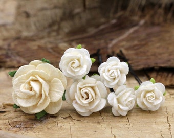 Ivory Rose Hairpins, Mulberry Paper Flower Hair Pins , Bridal Hair Pins, Hair Bobby Pins,Prom,Bridal Hair Accessories (FL370)