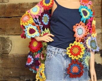Crochet Shawl Boho Gypsy Wrap Colorful Hippie Patchwork Shawl Wrap Rainbow Flowers Custom Made to Order No Two Alike