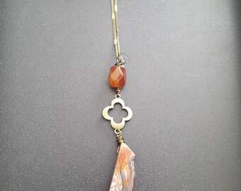 Agate Necklace, Crazy Lace Agate Pendant, Gemstone Necklace, Long Boho Necklace, Raw Stone Necklace, Crystal Necklace, Layering Necklace