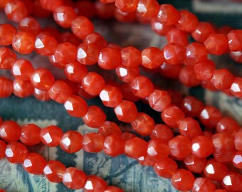 4mm Fire Polished Beads - Blood Orange Satin Faceted Rounds - Orange Czech Glass Beads