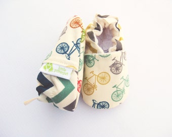 Organic Vegan Fun Bikes with Chevron / All Fabric Soft Sole Baby Shoes / Made to Order / Babies Gift Girl Boy