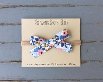 Floral baby bow, baby girl headband, hand tied bow, baby headband, school girl bow, nylon headband, baby hair bow, newborn headband