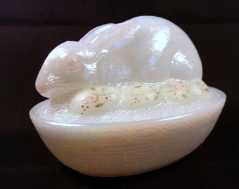 Fenton Art Glass White Iridescent Easter Bunny Nesting on a Basket with Hand Painted Eggs signed by Artist-FREE SHIPPING