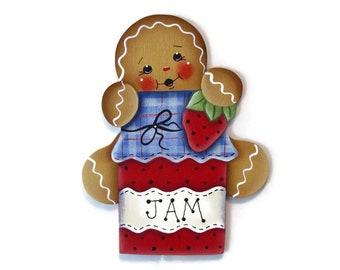 Ginger Loves Strawberry Jam Fridge Magnet or Ornament, Handpainted Wood Gingerbread Refrigerator Magnet, Hand Painted Ginger, Tole Painting