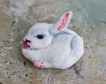 Bunny Lapel Pin - Porcelain Rabbit Brooch - Farm Animal Badge