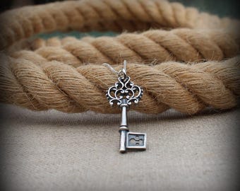 Skeleton key necklace, Sterling silver antique key necklace