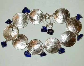 Coin bracelet-Mercury Dime bracelet with lapis-free earrings-free shipping