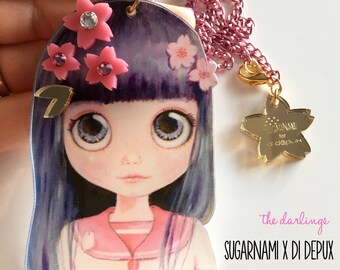 SUGARNAMI for DI DEPUX collaboration Purple Blosson Blythe laser cut silkscreen print necklace, plexiglass, acrylic, perspex