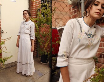 Vintage Antique 1910s Edwardian Cotton Embroidered Skirt and Blouse Set Day Dress with Greek Key Pattern and Floral and Ribbon Design