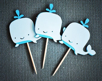 Smiling Whale Cupcake Toppers - Shades of Blue - Beach - Summer - Set of 12