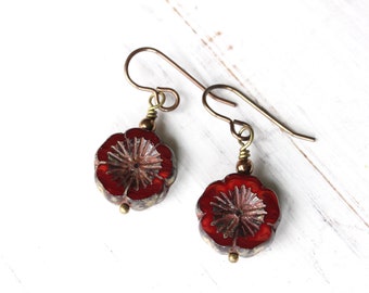 Red flower earrings, red Czech glass flower, boho style earrings, red pansy earrings