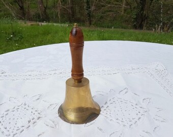 French vintage brass service bell and wooden handle,cantique bell, table brass bell,desk bell