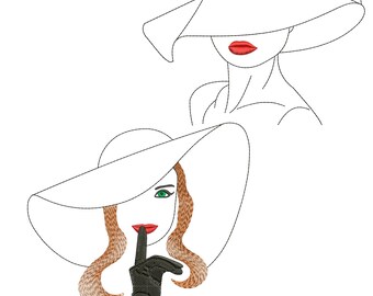 Beautiful female face - female silhouette - woman in hat - girl - very beautiful girl : Machine embroidery design