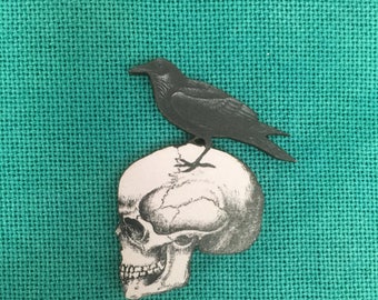 Skull and Raven/ Edgar Allan Poe Wooden Needle Minder