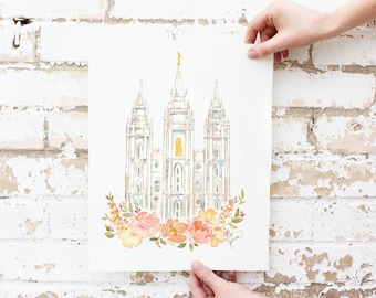 Blush Flowers SLC Temple Watercolor Print, Salt Lake City Utah