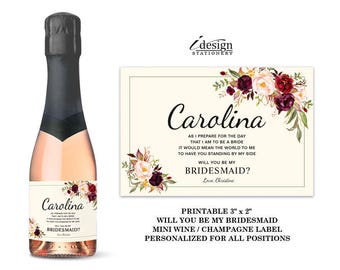 Will You Be My Bridesmaid Mini Wine Or Champagne Bottle Label | Printable Floral Maid Of Honor Proposal Wine Labels | Bridal Party Favors