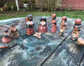 Tonala Nativity Set, Mexican Folk Art, Creche, Hand-Painted Pottery