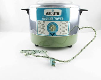 A 'Silhouette' Automatic Electric Cooker-Fryer' by Gamble-Skogmo, Minneapolis - 1960s Avocado Green With Blue and White Metal Info Panel