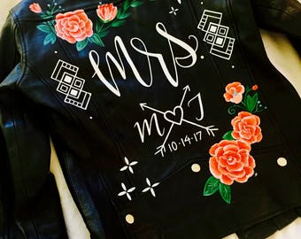 Custom Wedding Jacket, Bridal Jacket, Wedding Leather Jacket, Last Name Wedding Jacket, Just Married Jacket, Hand Painted Wedding Jacket