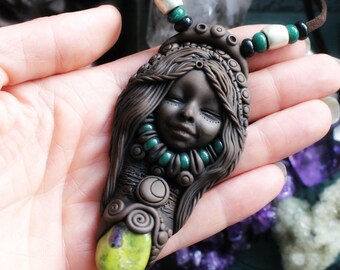 Shaman Necklace with Atlantisite Gemstone. Handcrafted Clay & Gemstone Pendant.