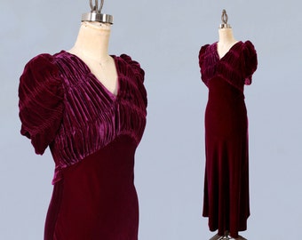 1930s Dress / Late 30s Early 40s Burgundy Silk Velvet Gown / Ruched Bodice / Puffed Sleeves