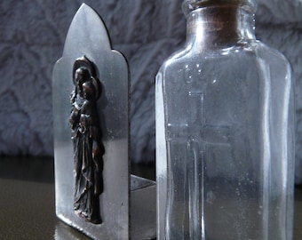 Glass Holy Water Bottle and Silver Plate Stand with St. Joseph and Child