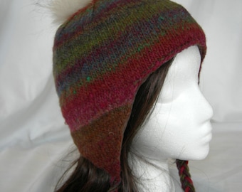 Noro Kureyon Earflap hat hand knit fleece lined fur pompom westbyron hat