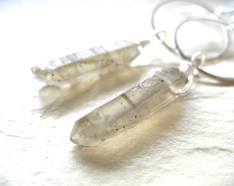 Smoky Quartz Crystal Point Silver Hoop Earrings, Handmade Artisan Gemstone Dangle Drop Earrings, Stone Earrings, Chandelier Earrings
