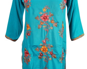 Blue Floral Embroidered Silk Tunic 3/4 Sleeves Ethnic Wear Indian Kurti Dress S/M