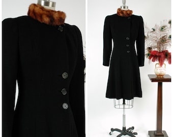 Vintage 1930s Coat - Rare Late 30s Exquisite Black Wool Boucle Princess Coat with High Fur Collar