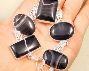 Awesome Designer .925 Silver Plated Banded Botswana Agate Gemstones Handmade Chain Linked Bracelate Jewellery